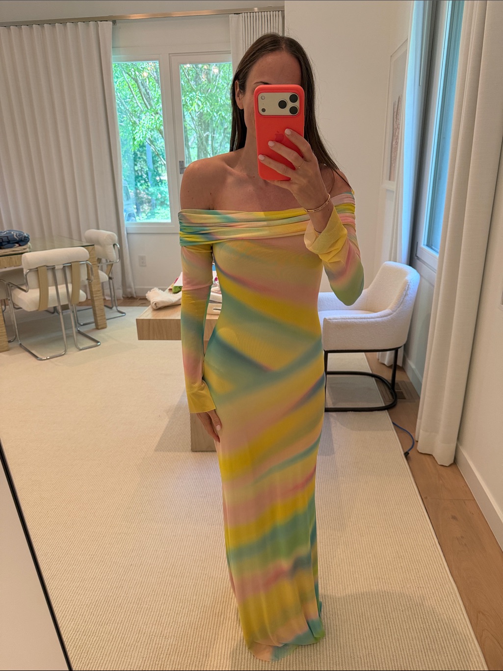 Afrm Pastel Rainbow Off-Shoulder Maxi Dress In Yellow, Pink, Green, Blue